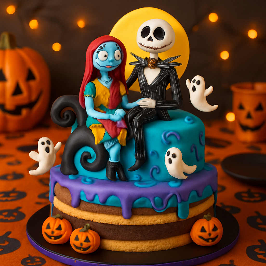 A colorful Nightmare Before Christmas cake with Jack Skellington and Sally decorations, set on a festive table.